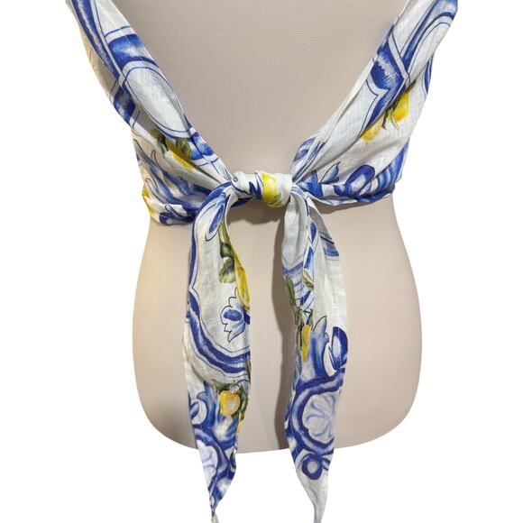 Sesto Senso Linen Crop Top Puff Sleeves Tie Back Size Medium Blue Yellow Floral - Picture 5 of 9